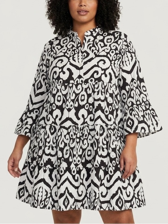Dresses & Skirts - Boutique Black & White Ikat Print Tiered Mini Dress Bell Sleeve 2XL